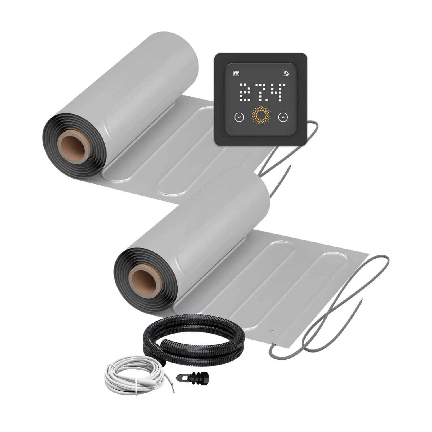 WARMON Fußbodenheizung Elektrisch 2x ALU Matten 150 W/m² 8+7 m² inkl. WiFi Thermostat TS 500 mit Präsenzsensor Schwarz