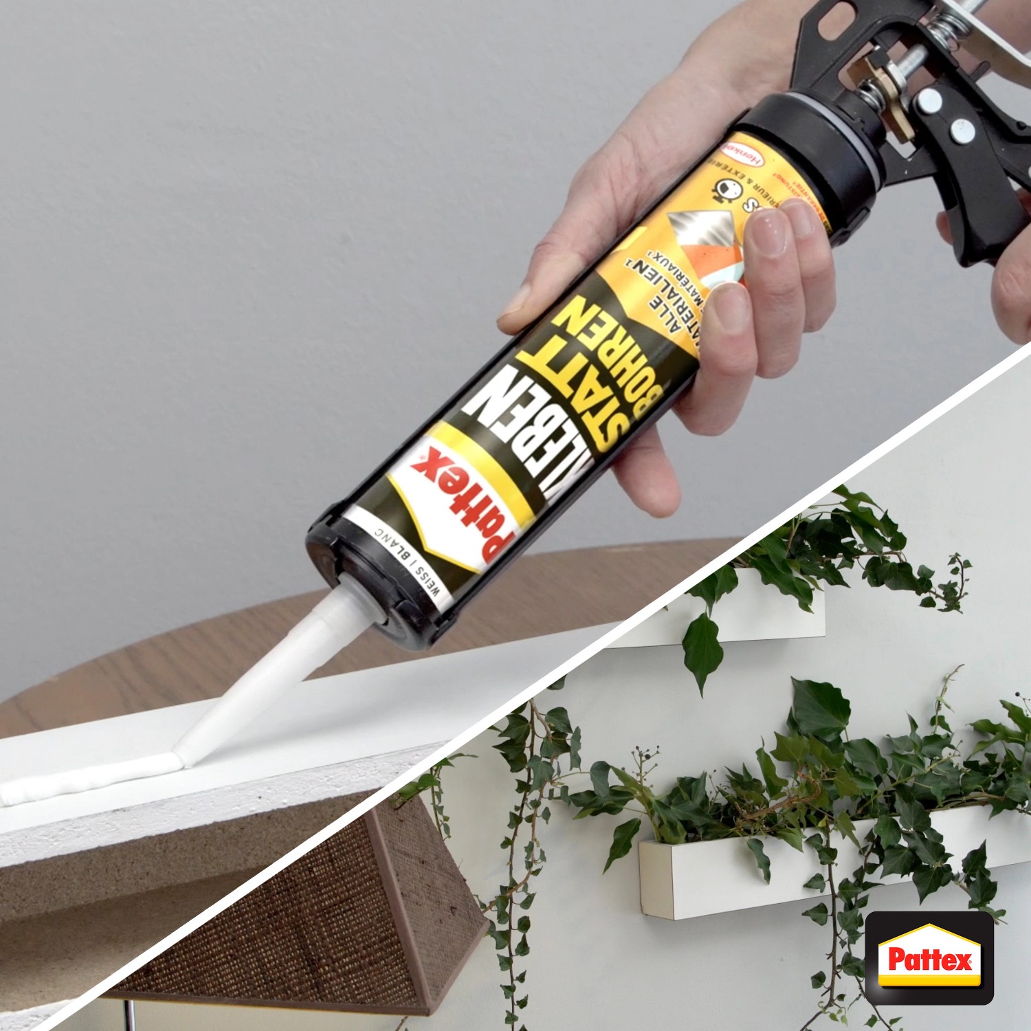 Pattex Montagekleber in Kartusche, Anwendung mit Pistole. Kleben statt Bohren für Innen- und Außenbereich.