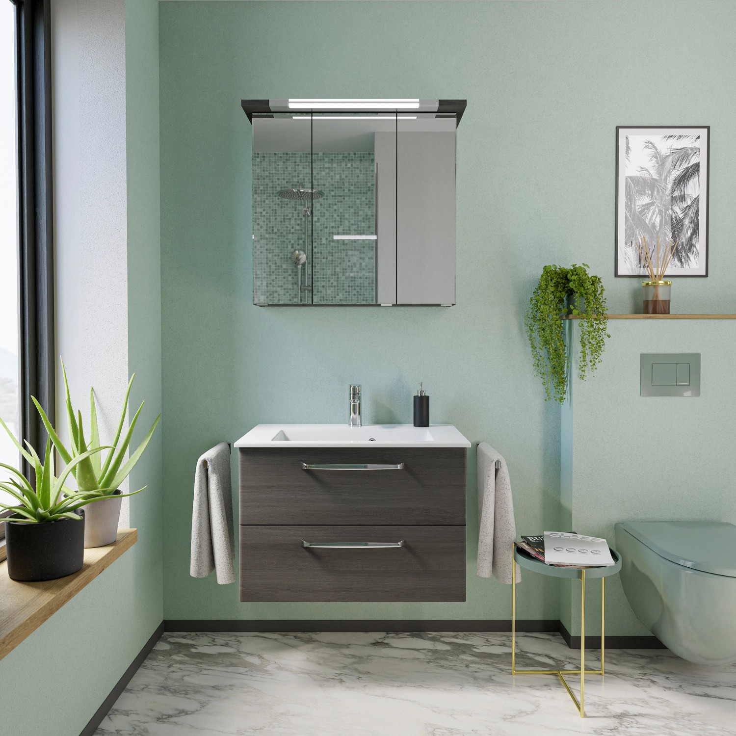 Pelipal Trentino Mineralmarmor Waschbecken, 77 cm, in modernem Badezimmer.