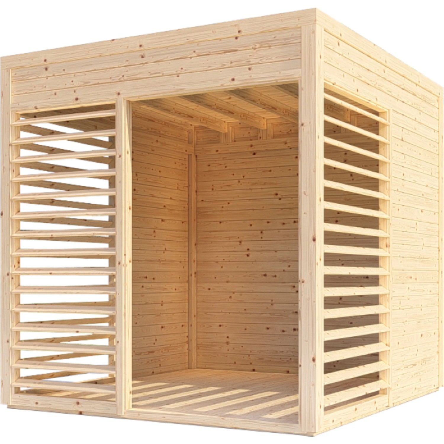 Bertilo Pavillon Garten-Lounge aus Holz, 234x226 cm, naturbelassen mit Lamellen.