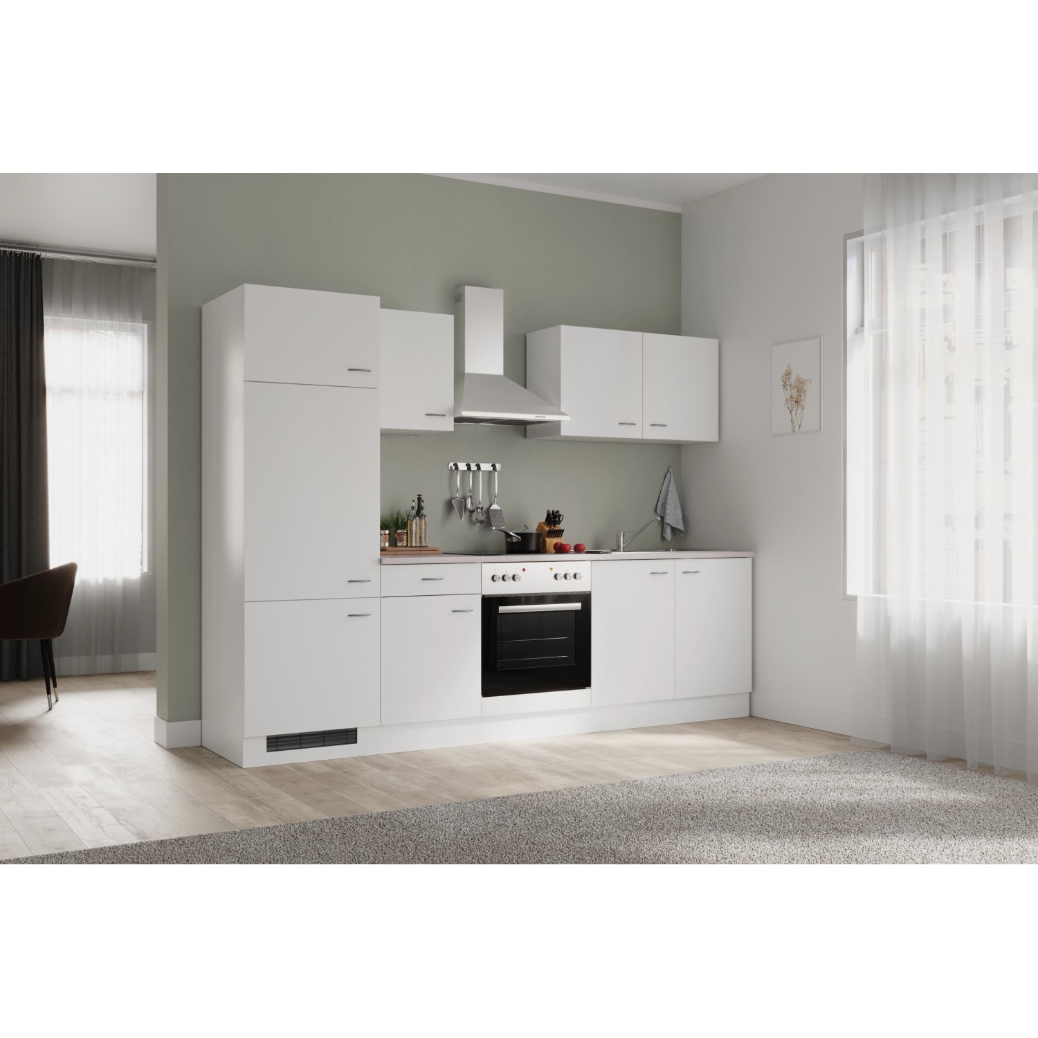 Weiße Flex-Well Classic Küchenzeile Wito 270 cm mit E-Geräten und Spüle.