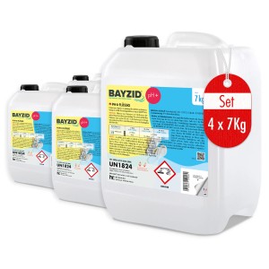 Set aus 4 Kanistern Bayzid pH Plus Flüssig für Pools, je 7kg zur pH-Regulierung.
