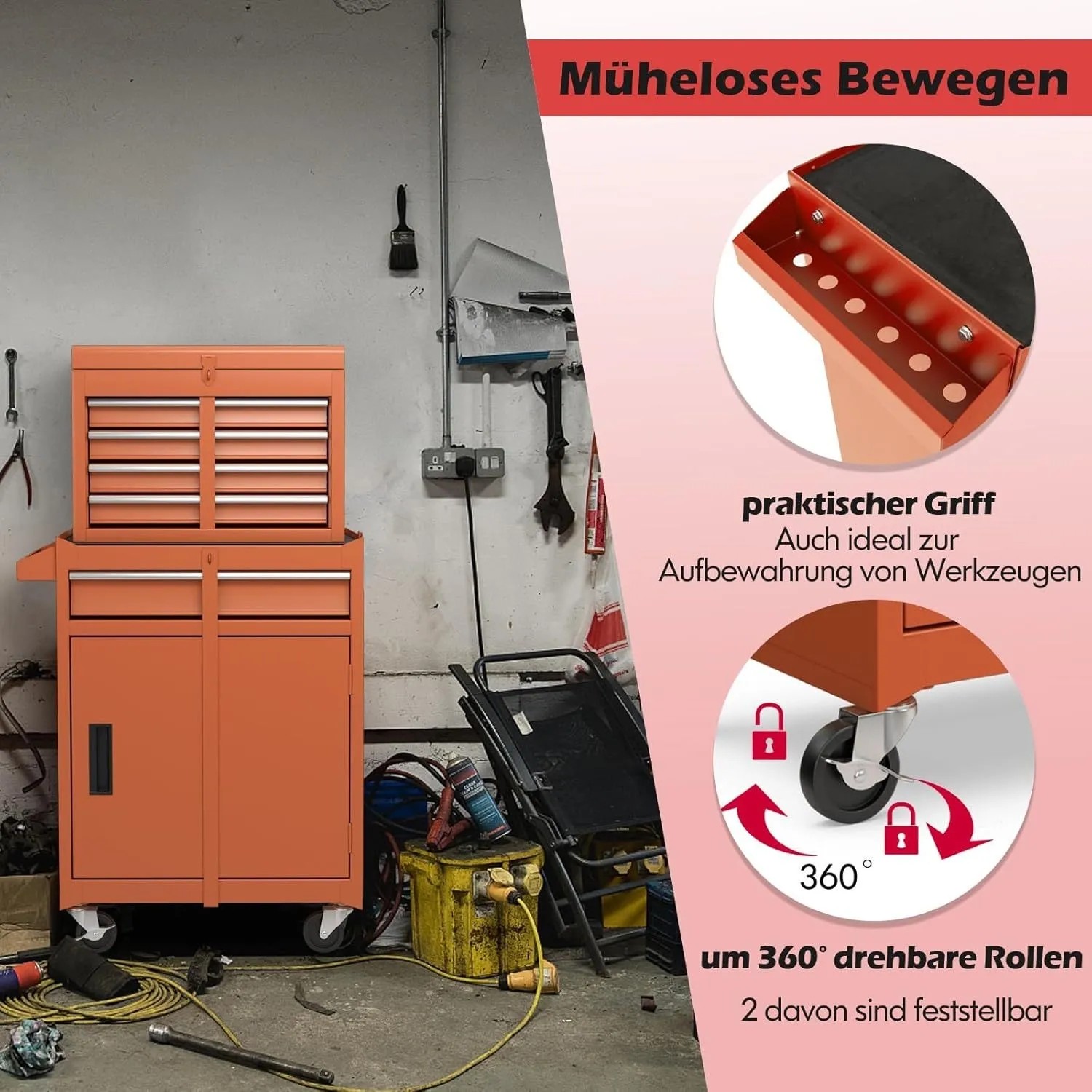 Oranger Costway Werkstattwagen 2-in-1 mit Koffer, 5 Schubladen, 100 kg. Details: praktischer Griff, feststellbare Rollen.