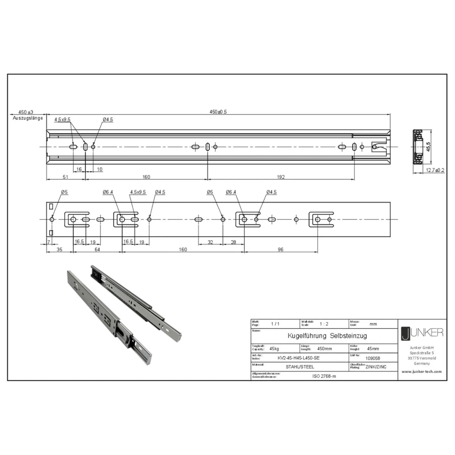 SOTECH Vollauszug 450 mm, 45 kg, mit Selbsteinzug. Technische Zeichnung und zwei robuste Schubladenschienen aus Stahl.