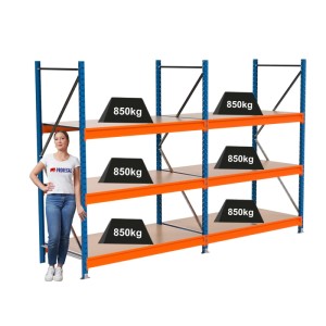 PROREGAL Weitspannregal MAXIMUS PRO, blau/orange, mit 3 Spanplatten-Fachböden und Gewichtsangabe.