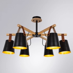 Arte Lamp Kronleuchter Thomas, schwarz, 6-flammig. Moderne Deckenleuchte mit Holzarmen und goldenen Schirmen.