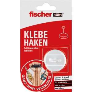 Verpackung Fischer Klebehaken mit Kleber, weißer Haken für Lampen und Deko, Montage ohne Bohren.