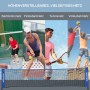 Höhenverstellbares SPORTNOW Badmintonnetz in Blau, vielseitig für Tennis, Pickleball, Volleyball. Mit Spielszenen.