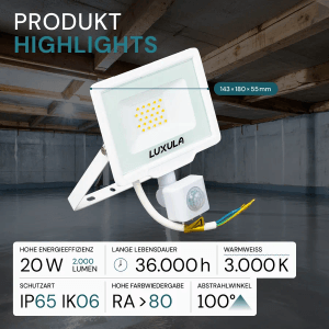 Weißer LUXULA LED Strahler 20W mit Bewegungsmelder für den Außenbereich. Wetterfestes Flutlicht mit warmweißem Licht.