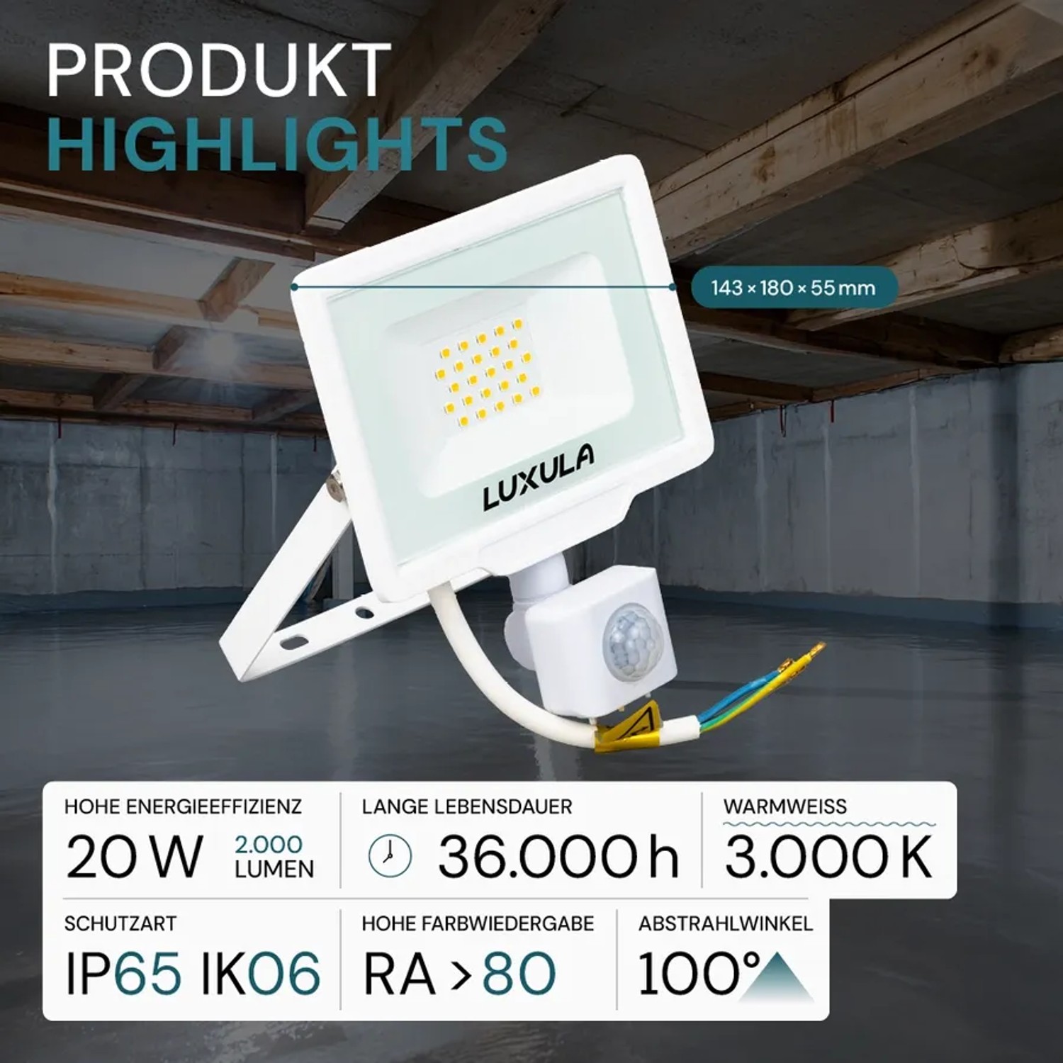 Weißer LUXULA LED Strahler 20W mit Bewegungsmelder für den Außenbereich. Wetterfestes Flutlicht mit warmweißem Licht.