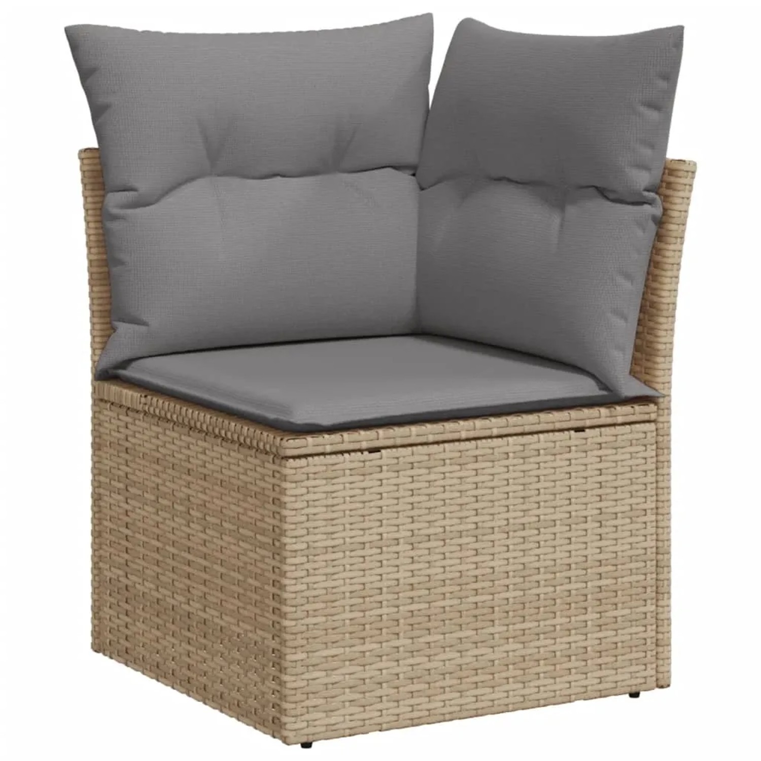 Beige Garten-Sofagarnitur Ecke aus Polyrattan mit grauen Kissen.