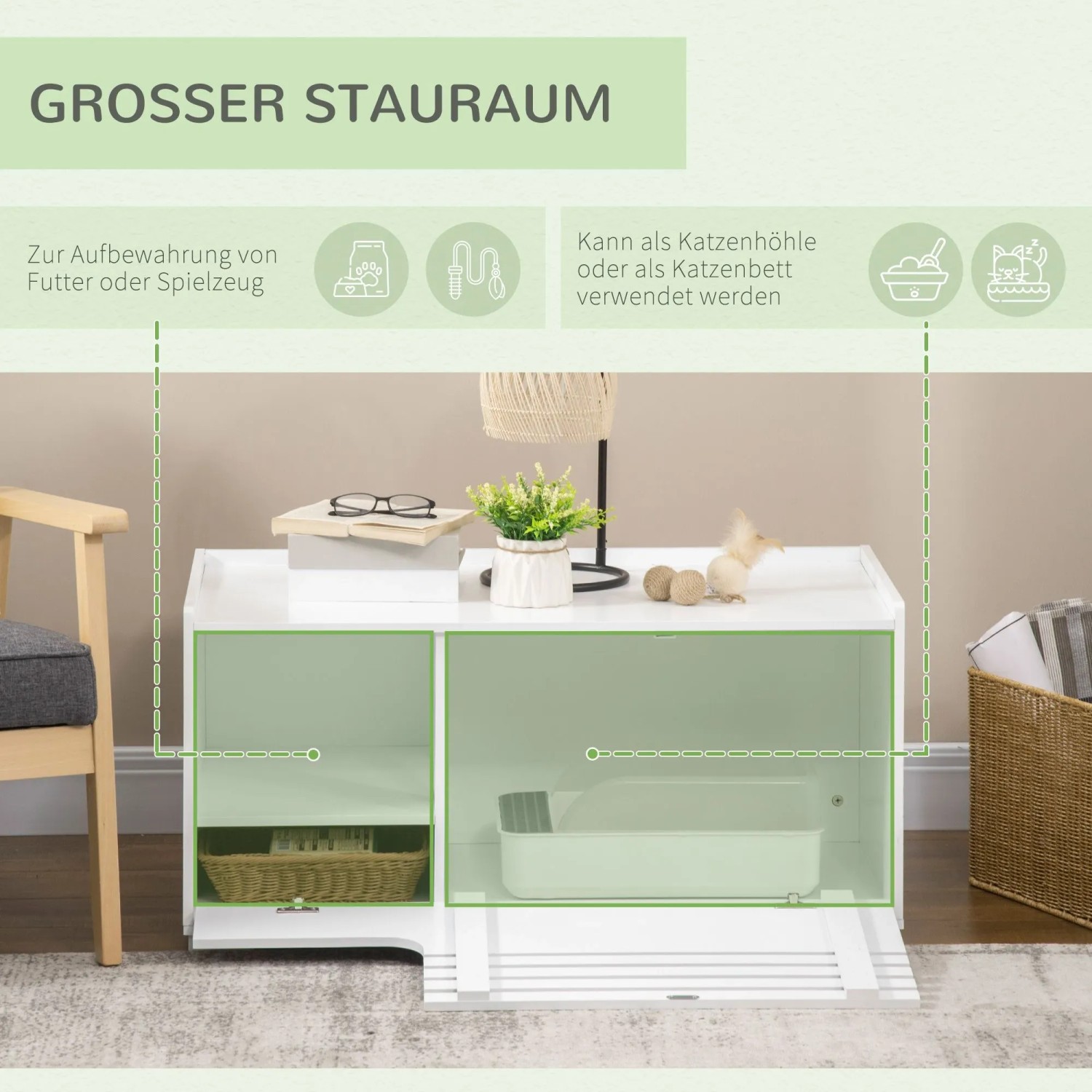 Weißer PawHut Katzenschrank mit Magnettür, als Beistelltisch und Versteck für Katzentoilette oder Katzenbett.
