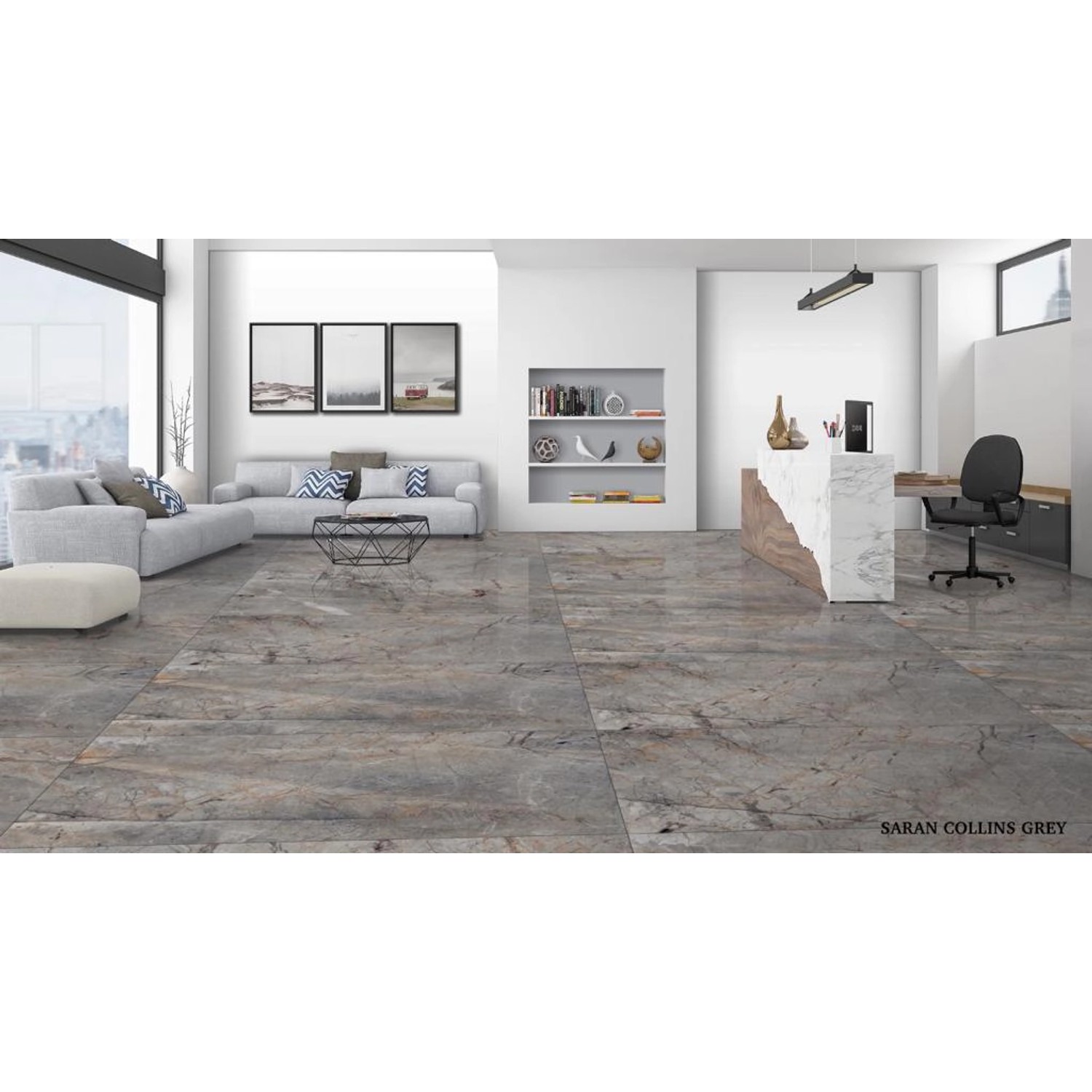 Verlegtes, graues Feinsteinzeug (60x60) mit polierter Oberfläche im Wohnraum.