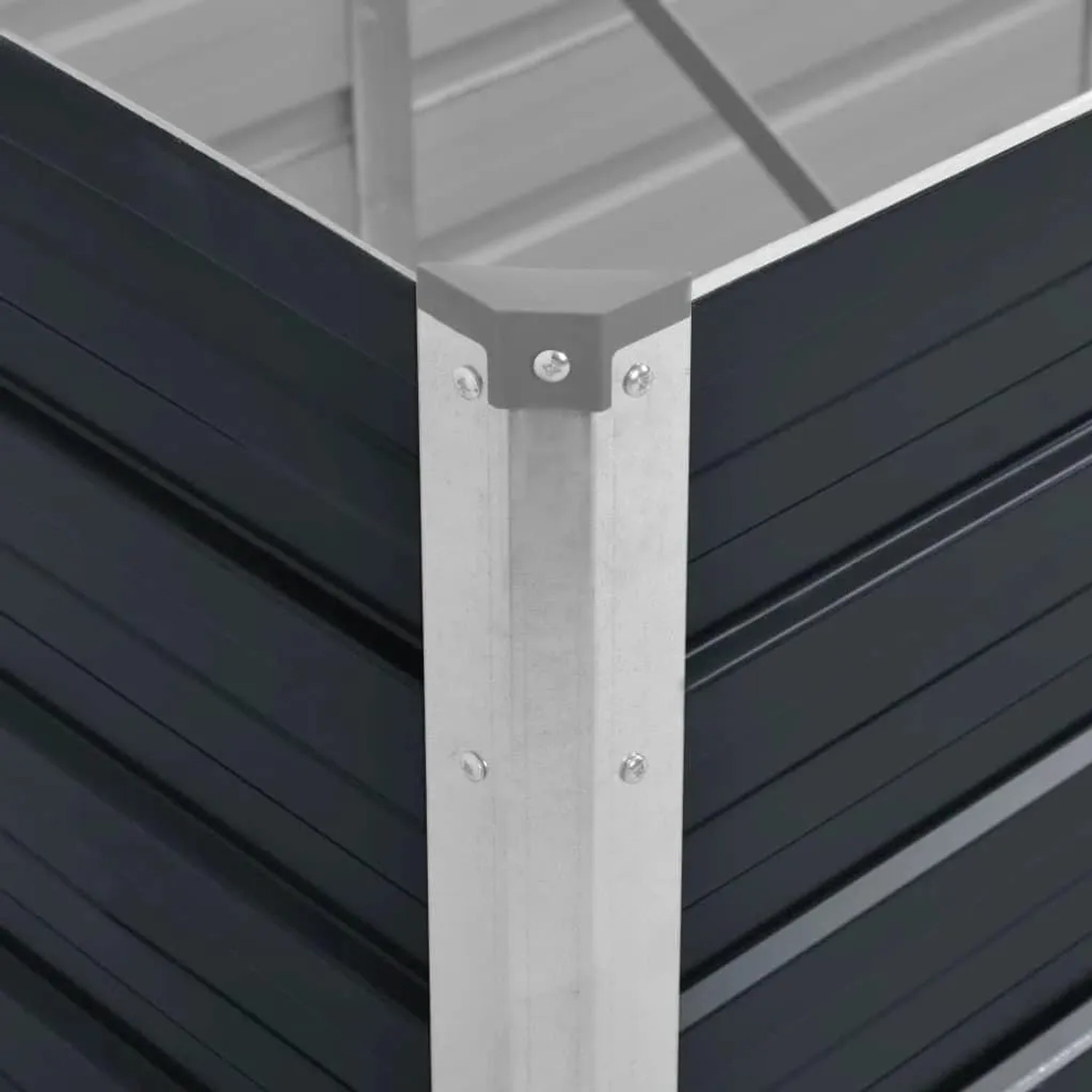 Detailaufnahme: Anthrazitfarbenes furnicato Metall-Hochbeet, Ecke mit Schrauben.