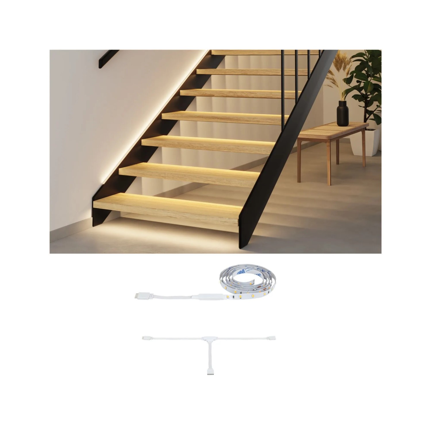 Paulmann MaxLED Treppenbeleuchtung: LED-Strip-Erweiterung 1m, Verteiler. Beleuchtete Holztreppe für Sicherheit.