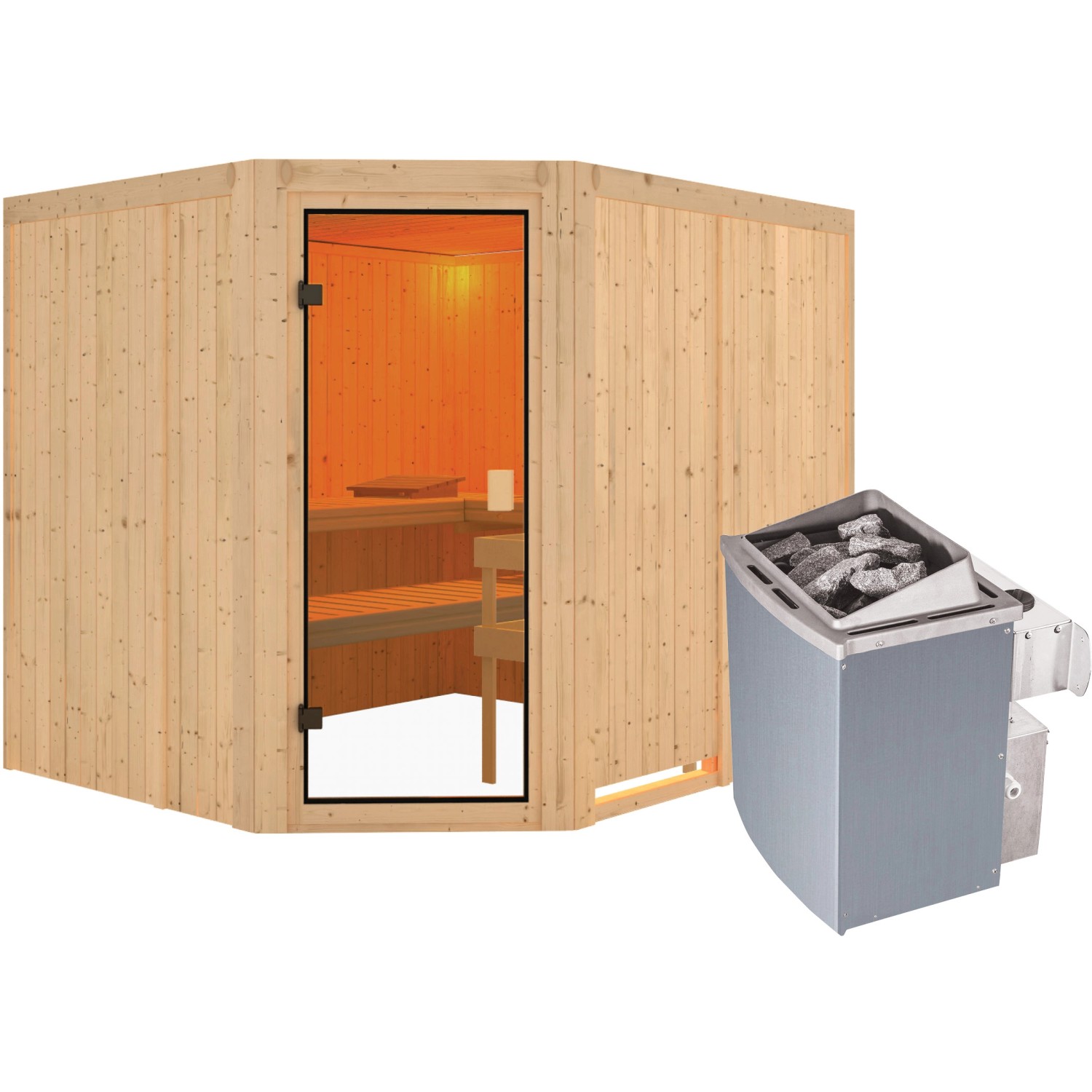 Karibu Sauna Horna inkl. 9 kW Ofen mit integr. Strg., Glastür Bronziert