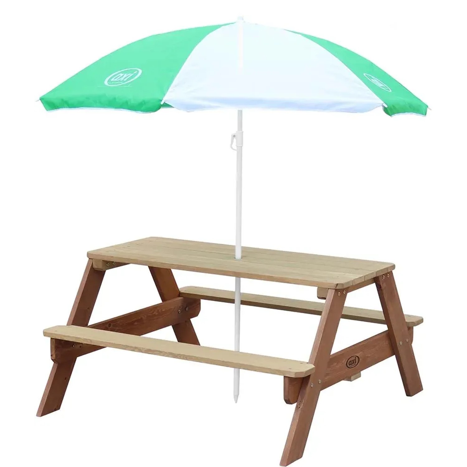 Axi Nick Picknicktisch aus Holz mit grün-weißem Sonnenschirm, ideal für Kinder zum Spielen und Essen im Garten.