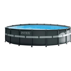 Intex Frame Pool Set Ultra Rondo XTR, Ø 549 cm, Stahlrahmenpool, dunkelgrau mit blauer Innenseite.