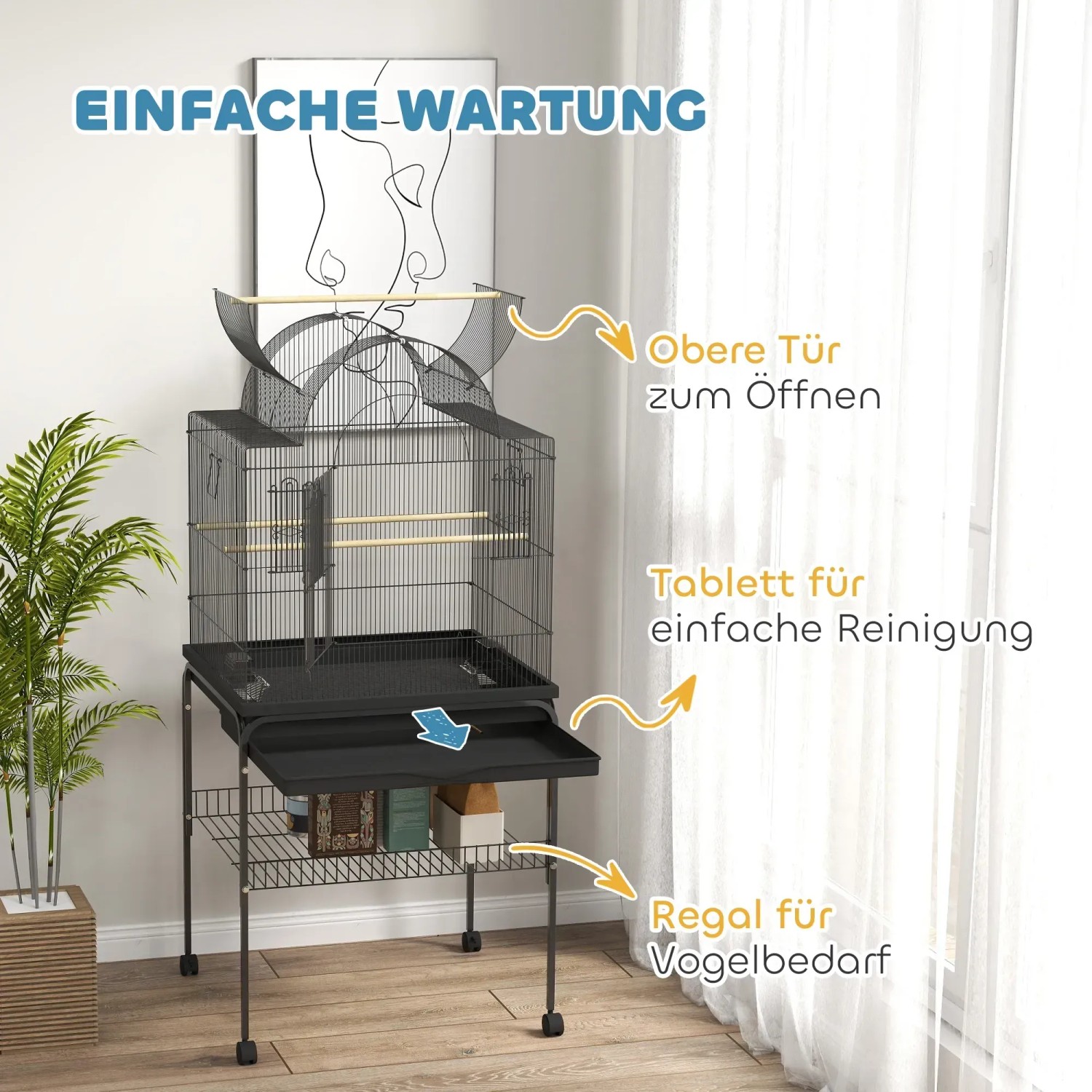 Schwarzer PawHut Vogelkäfig aus Stahl mit Kunststoff, 63x53x144cm, mit Rollen, Sitzstangen und herausnehmbarer Schublade.