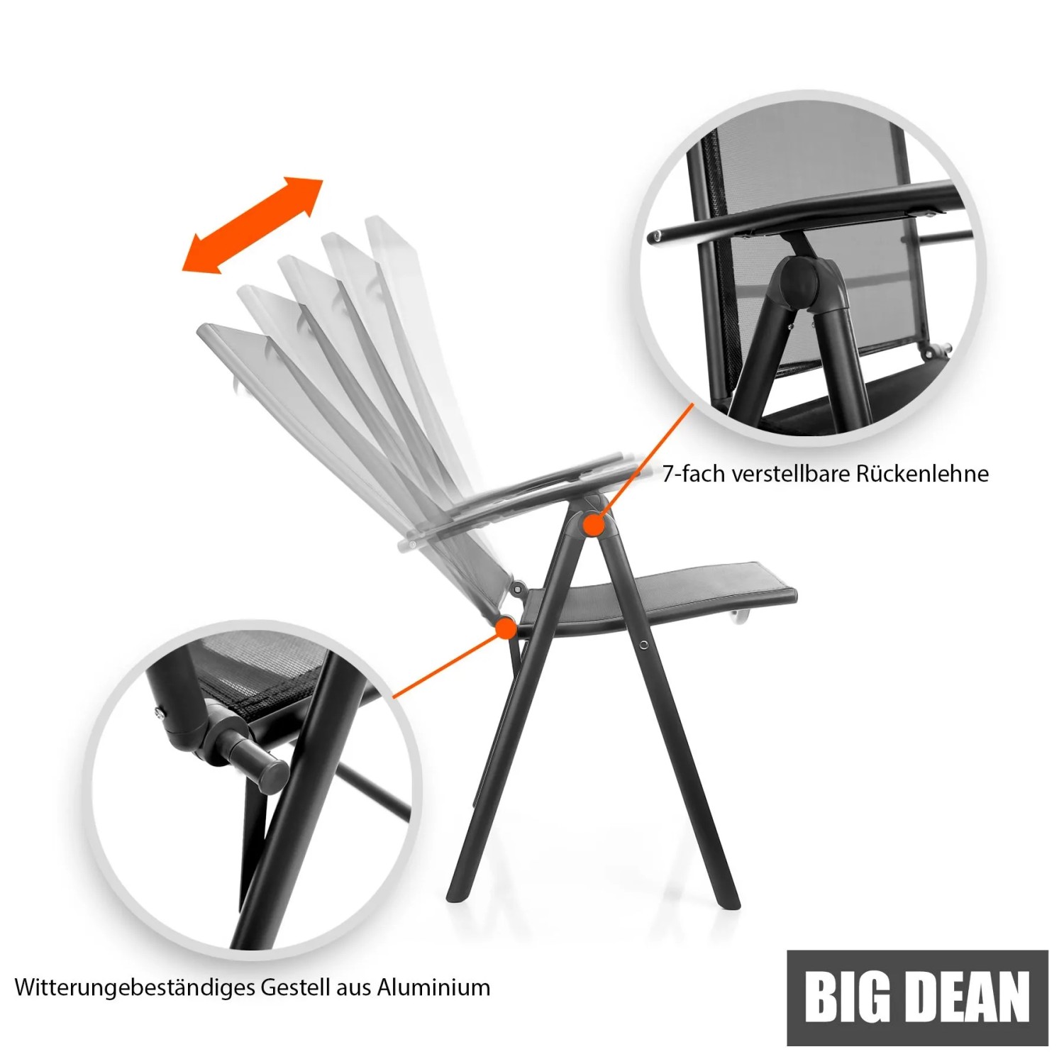 BigDean Gartenstuhl, dunkelgrau, 120 kg belastbar, 7-fach verstellbare Rückenlehne.