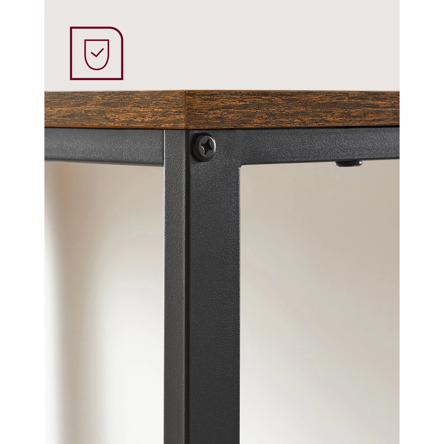 Detailansicht: Vasagle Schreibtisch mit brauner Tischplatte und schwarzem Metallgestell.