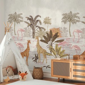 Fototapete mit Tiermotiv: Giraffen, Flamingos und Palmen in Creme, Beige und Braun für Kinderzimmer.