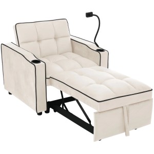 Beiger Merax Schlafsessel 3in1, ausziehbar zum Bett. Multifunktionaler Polstersessel mit Getränke- & Handyhalterung.