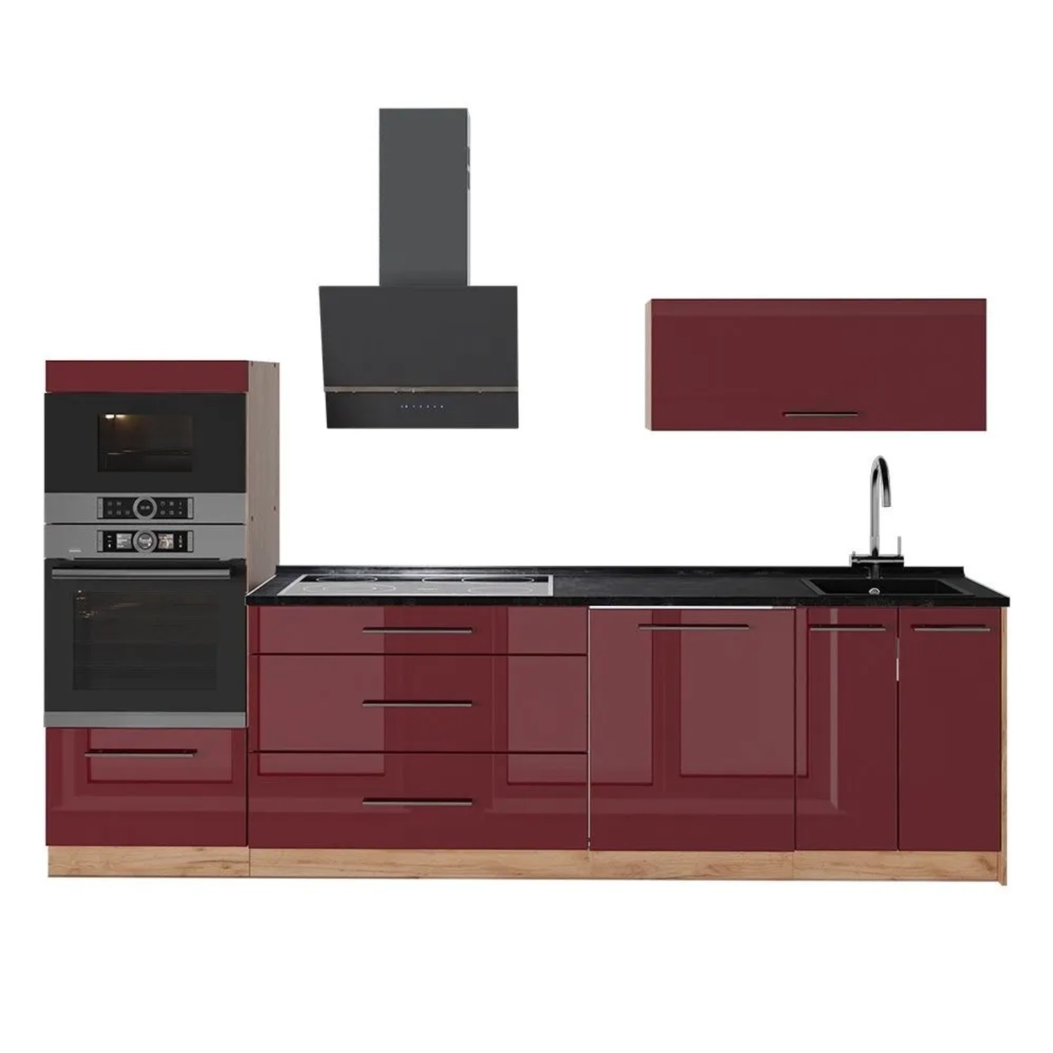 Vicco Küchenzeile Fame-Line Bordeaux Hochglanz/Goldkraft Eiche 280 x 154 AP Anthrazit Art Nr 64695