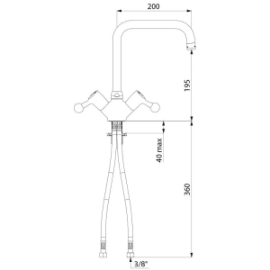 Delabie Zweigriffmischer für Einloch-Standmontage. Technische Ansicht mit schwenkbarem Auslauf L200, Bakelitgriffen und Maßen.