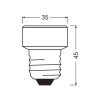 Technische Zeichnung Osram LED-Flat-Leuchtmittel E27, Maße 4,5 x 3,5 cm.