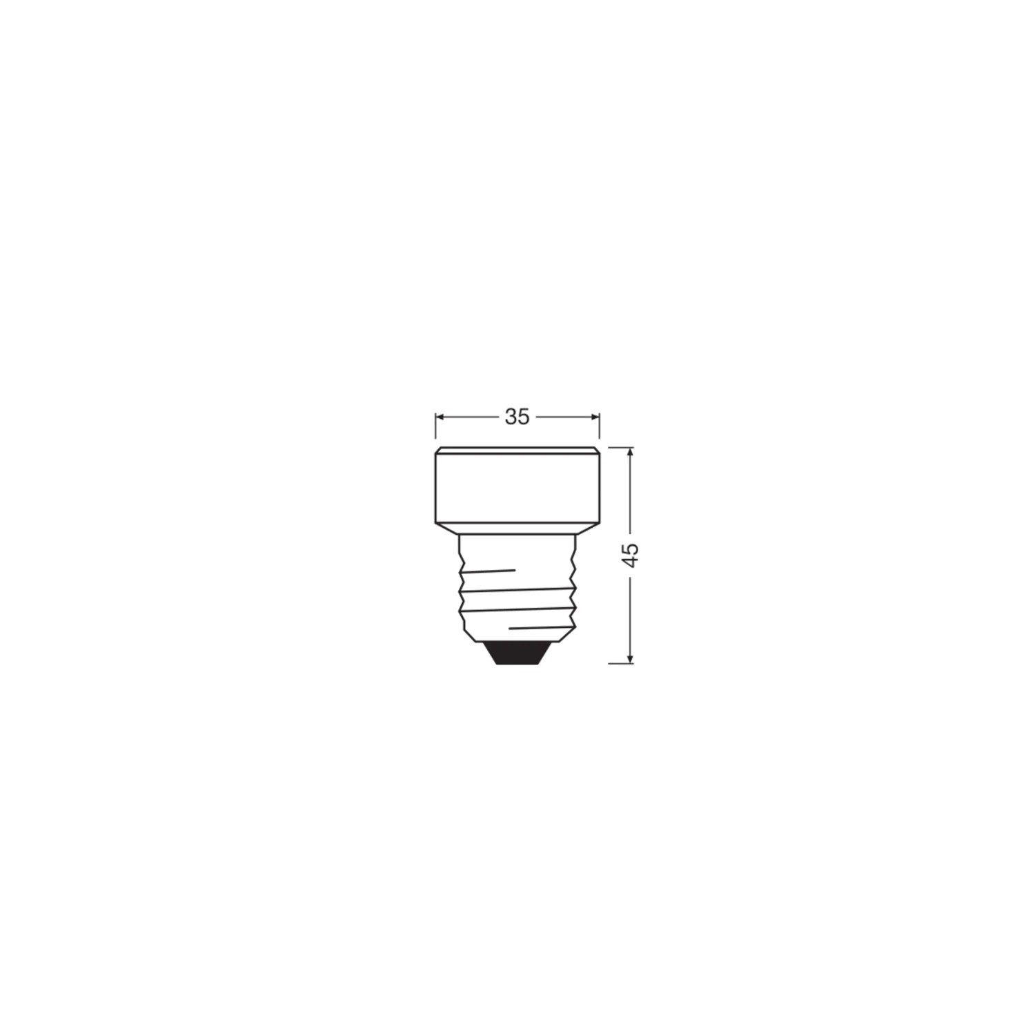 Technische Zeichnung Osram LED-Flat-Leuchtmittel E27, Maße 4,5 x 3,5 cm.