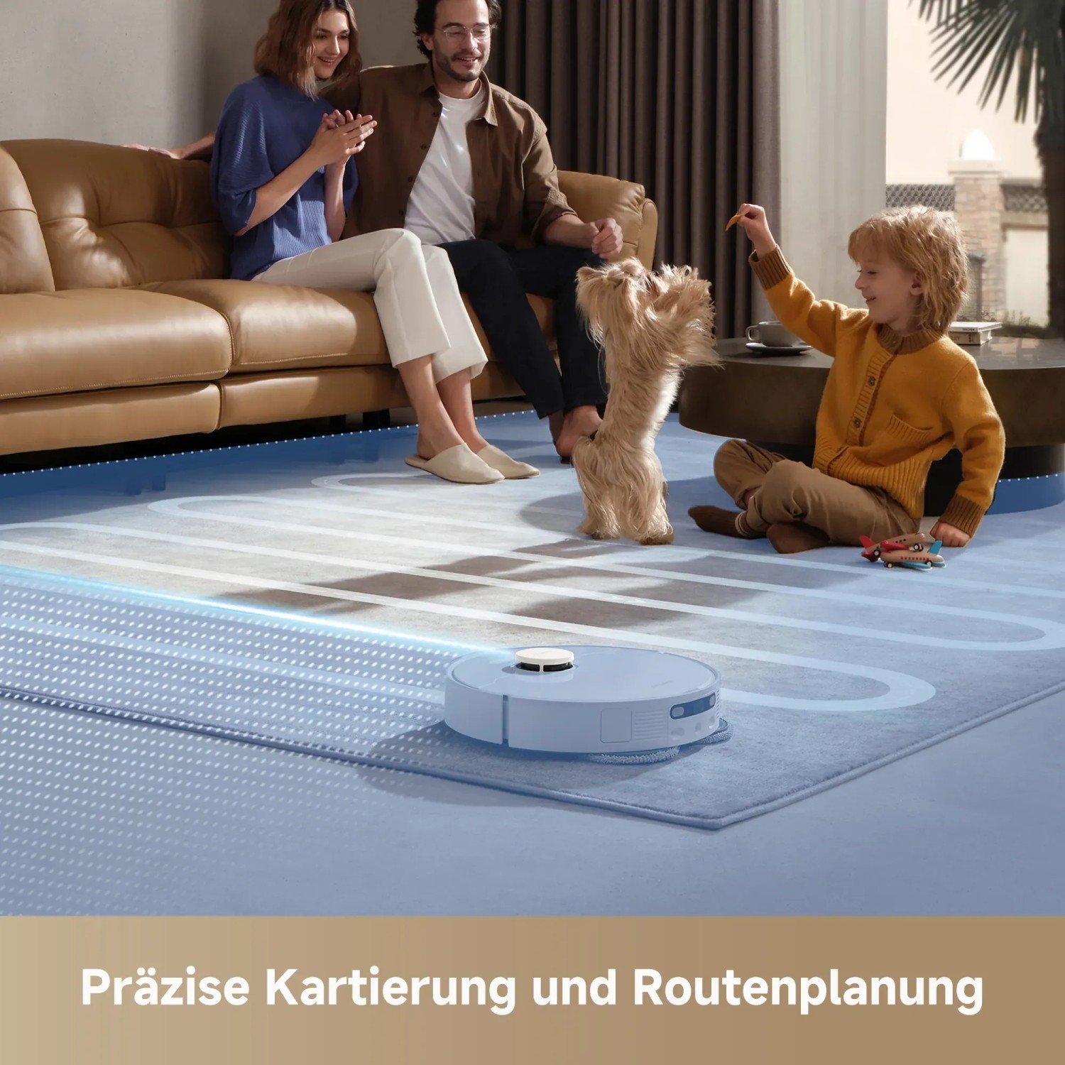 Dreame Saugroboter D20 Ultra in Aktion mit Familie und Haustier im Hintergrund.