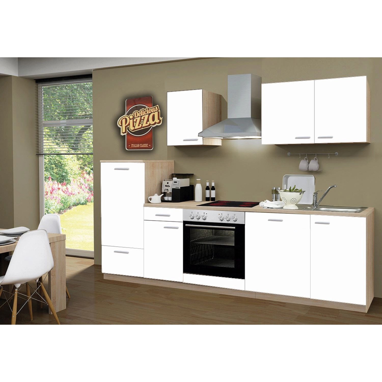 Menke Küchenzeile/Küchenblock Classic 270 cm Weiß Melamin-Sonoma Eiche Nachbildung