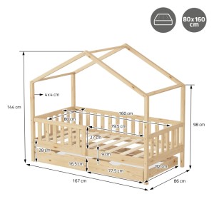 ML-Design Hausbett mit Matratze, 80x160 cm, Kiefer Natur, mit Schubladen. Kinderbett mit Haus-Optik und Maßangaben.