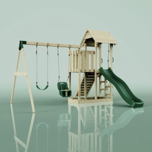 PolarPlay Spielturm Uppsala mit Schaukel, Babyschaukel, Kletterwand und grüner Rutsche.