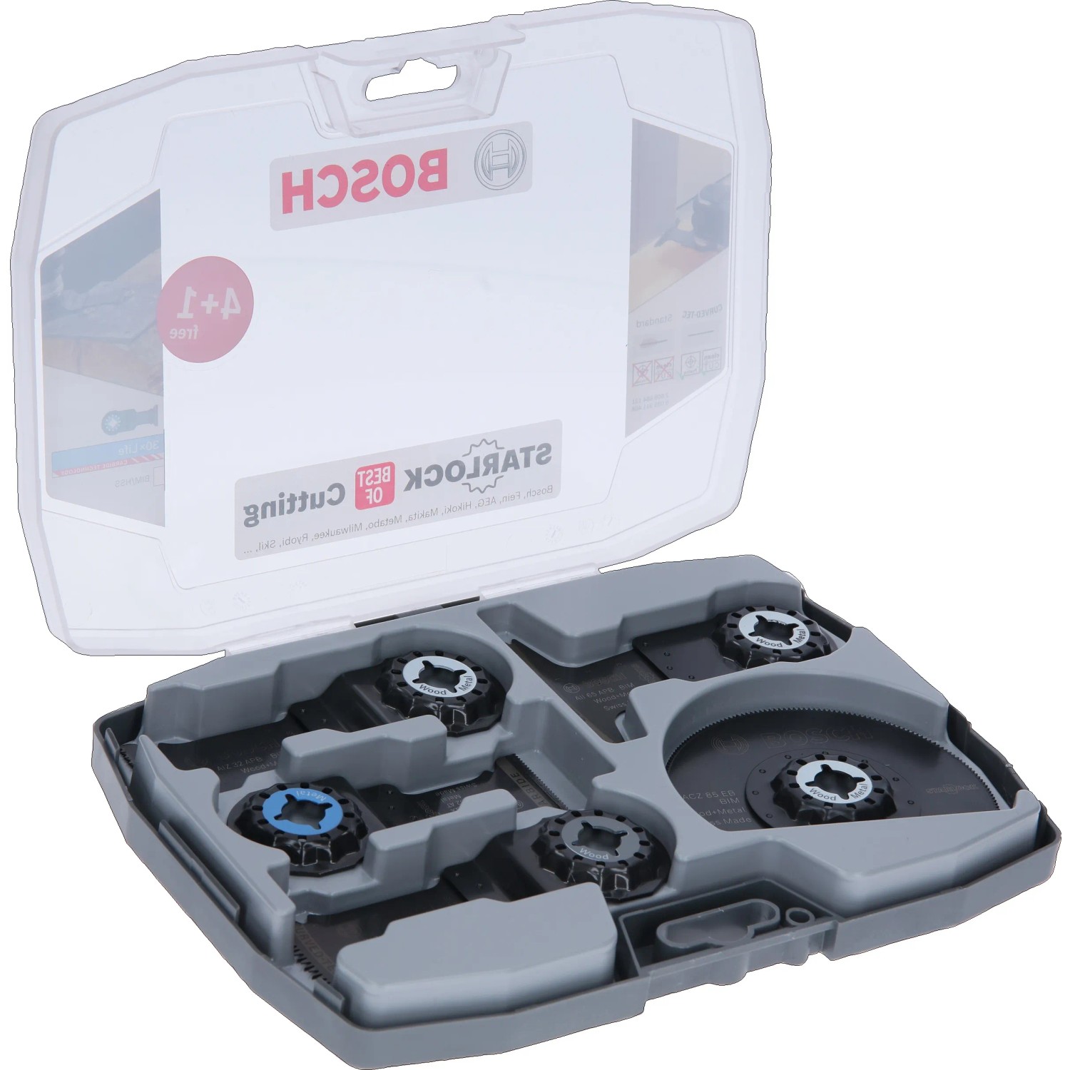Bosch Starlock Best of Cutting Set, 5-teilig, für Multifunktionswerkzeuge in geöffneter Box.
