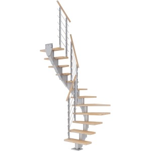 Dolle Mittelholmtreppe Frankfurt, Buche perlgrau, 1/2 gewendelt, mit Geländer.