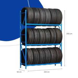 Lichtblaues PROREGAL Reifenregal Maximus mit 3 Ebenen und Reifen.