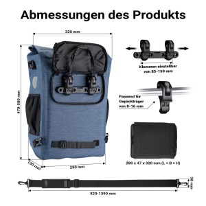 Wiltec Gepäckträgertasche Blau 20L Fahrradtasche Rucksack Gepäcktasche