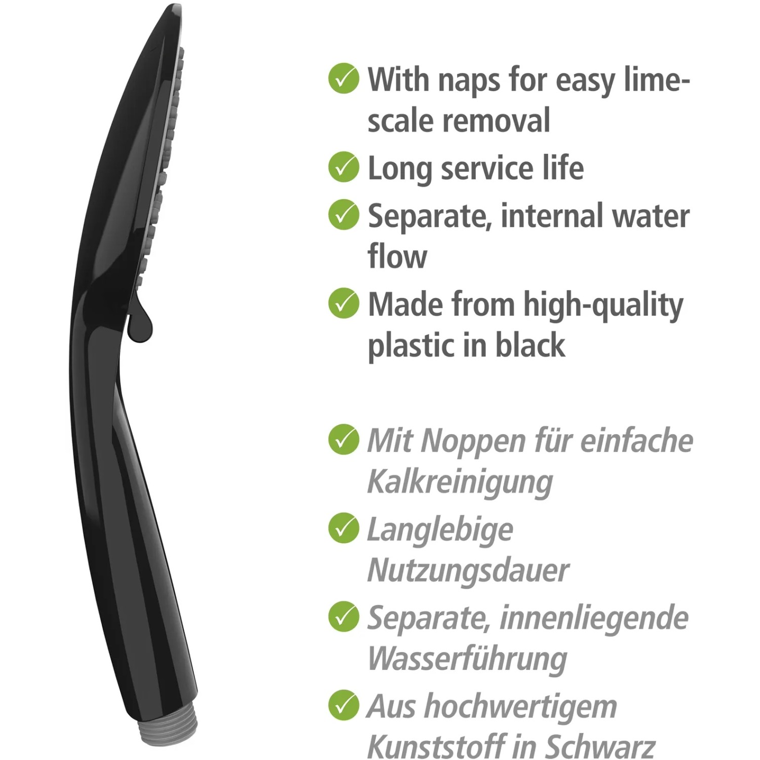 Wenko Brausekopf Young, schwarz, mit Antikalk-Noppen und 5 Strahlarten für Brausesets.