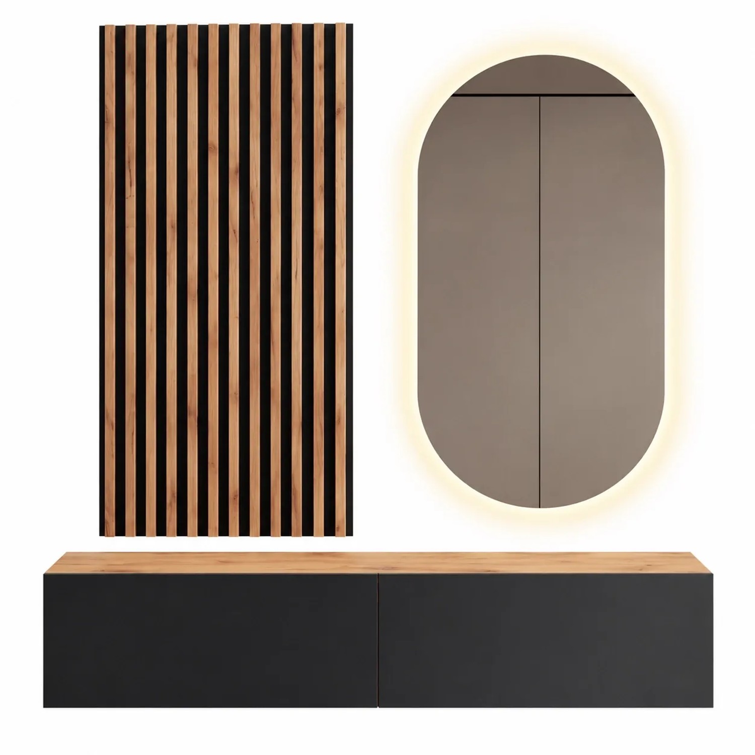 Planetmöbel Flurgarderobe Set 140 cm Gold Eiche Anthrazit mit Wandpaneel und LED Spiegel Dimmbar
