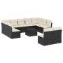 Schwarze vidaXL Garten-Sofagarnitur aus Polyrattan mit cremeweißen Kissen, bestehend aus Tisch, Eck- und Mittelsofas.