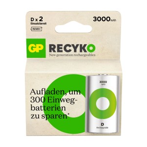 GP Recyko D Akku, 3000 mAh, 2er-Pack. Wiederaufladbare Monozellen für hohe Leistung.