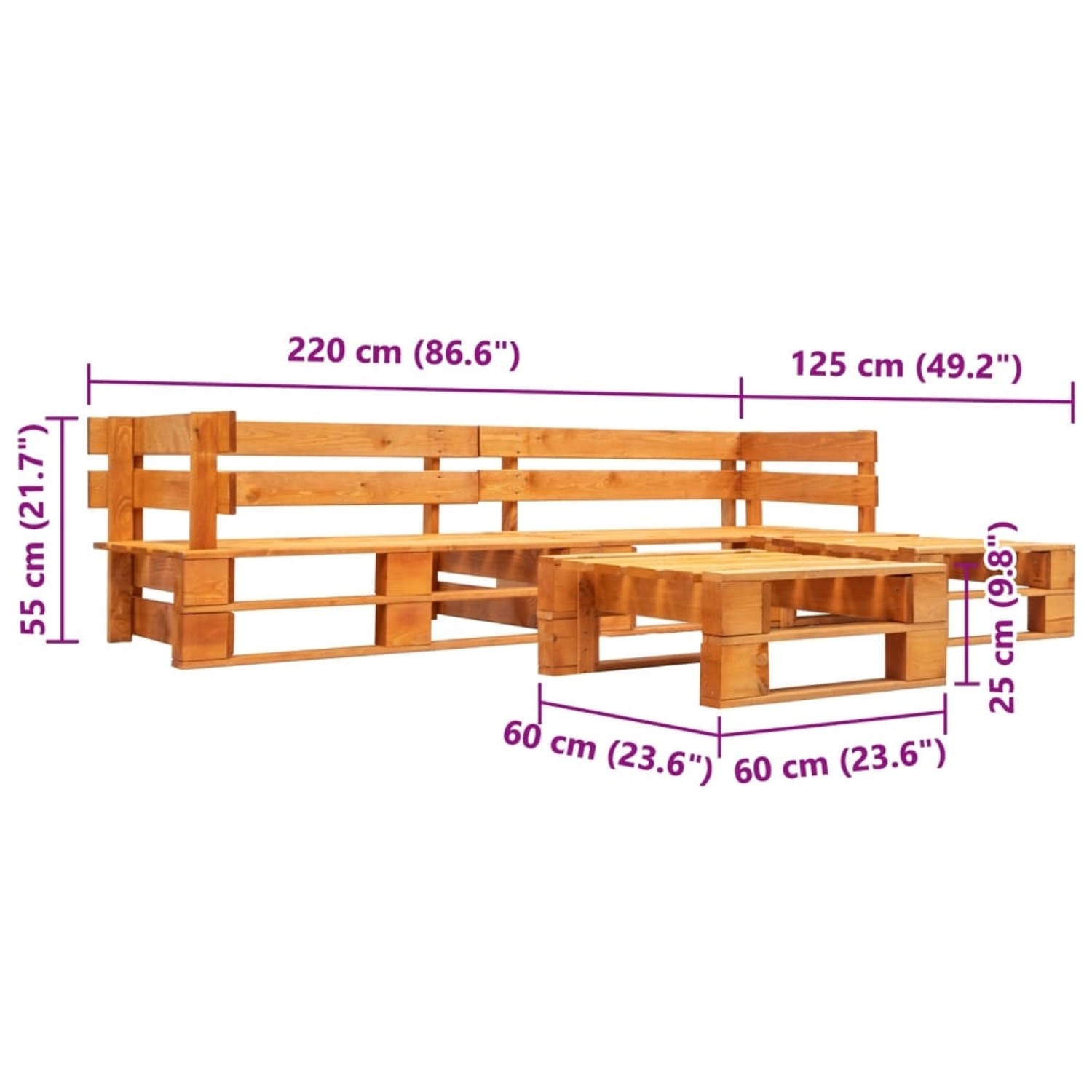 4-tlg. Garten-Paletten-Sofagarnitur aus Holz in Honigbraun mit Tisch. Gartenmöbel-Set für Terrasse und Garten.