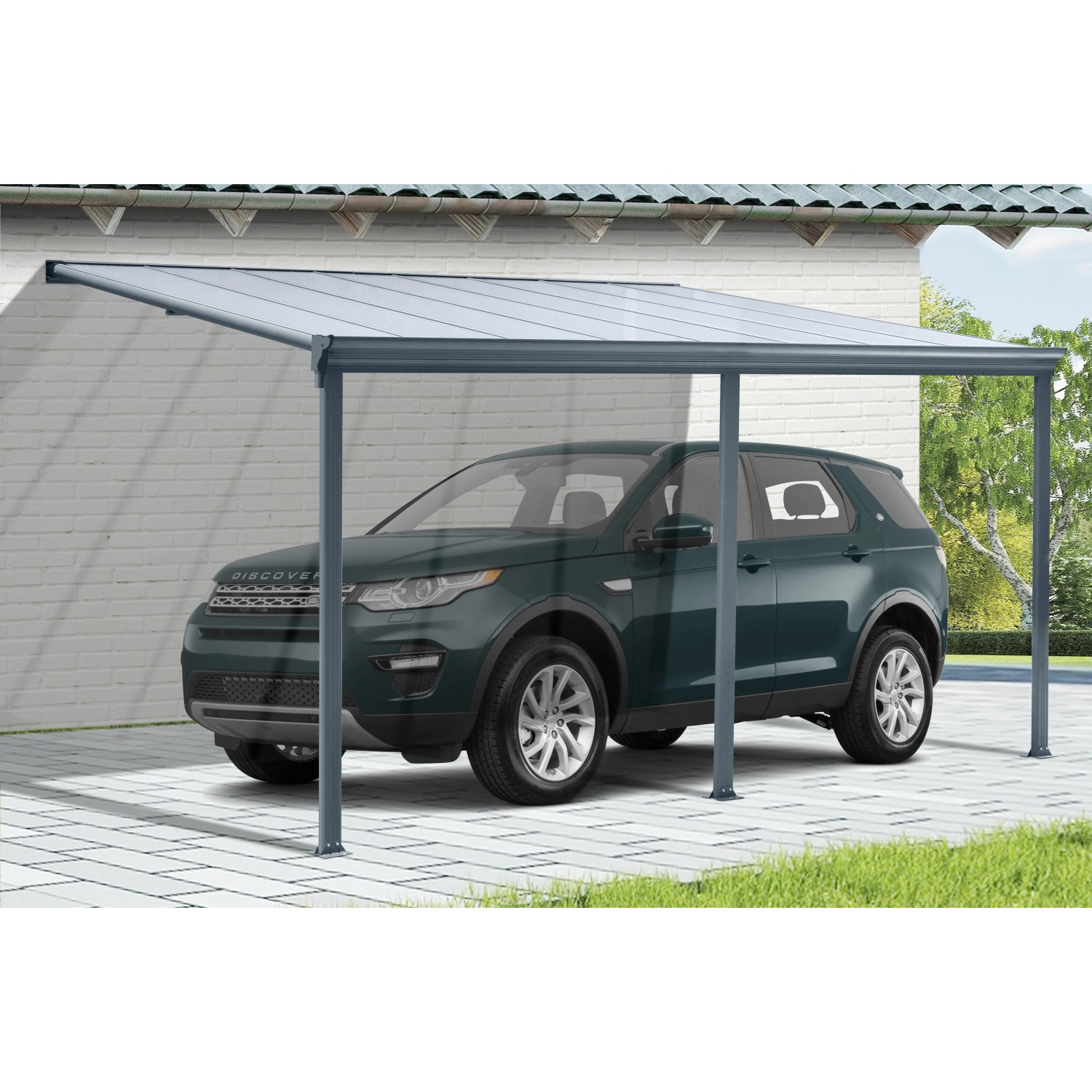 Floraworld Terrassenüberdachung in Anthrazit mit Auto darunter. Die Überdachung bietet Schutz und ein modernes Design.