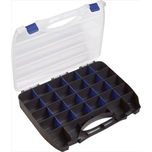 Offener LUX Sortierkasten 45 cm mit Facheinteilung und transparentem Deckel.