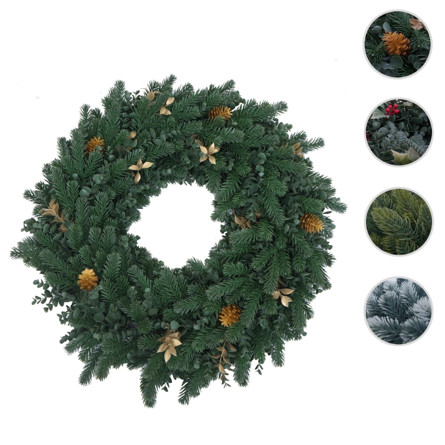 Künstlicher Weihnachtskranz Ø 60cm aus Tanne und Eukalyptus, mit goldenen Zapfen und Sternen. Für Tür oder Tisch.