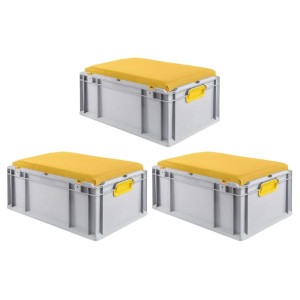 SparSet: 3 graue Euroboxen mit gelbem Sitzkissen, 44 Liter, für Lagerung und Transport.