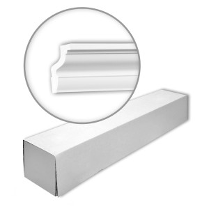 Verpackung PROFHOME Eckleisten Set, 36 weiße Zierleisten (72m) für Paneele, Detailansicht Profil.