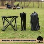 Schwarzer BigDean Camping Hocker: entfaltet, zusammengeklappt und in Tragetasche auf Gras. Ideal für Outdoor.